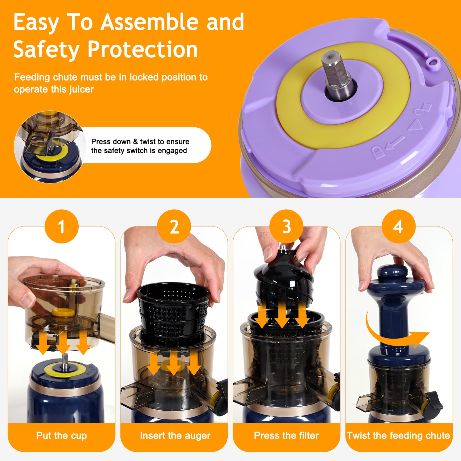 CAYNEL Masticating Slow Juicer Compact and Portable Cold Press Juice with 1.77” Extra Wide Inlet Funnel,Violet