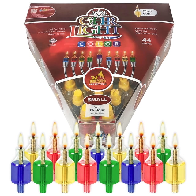 Velas de aceite precargadas con luces Ohr de colores Ner Mitzvah Hanukkah, tamaño pequeño, 44 por paquete. Quemaduras Aprox. 1 1/2 horas