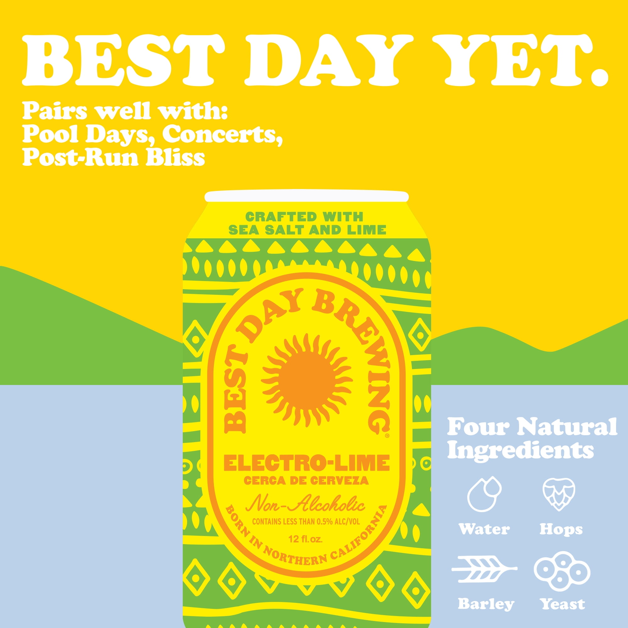 Best Day Brewing Non-Alcoholic Beer, Electro-Lime, 12 fl oz Cans, Pack of 12, < 0.5% ABV