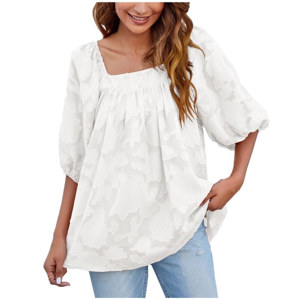 Top de camisa de manga farol con textura floral de chifón con cuello cuadrado de verano a la moda informal y sexy para mujer Pompotops FGAJ2966