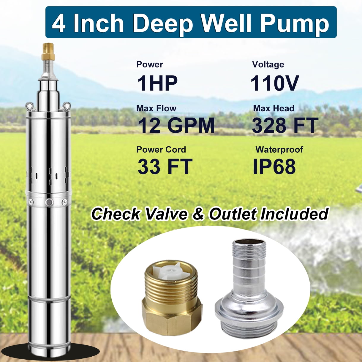 iMeshbean 1 HP 110V Submersible Water Pump, 4" Deep Well Submersible Pump, 328 ft Max Lift, 12 GPM