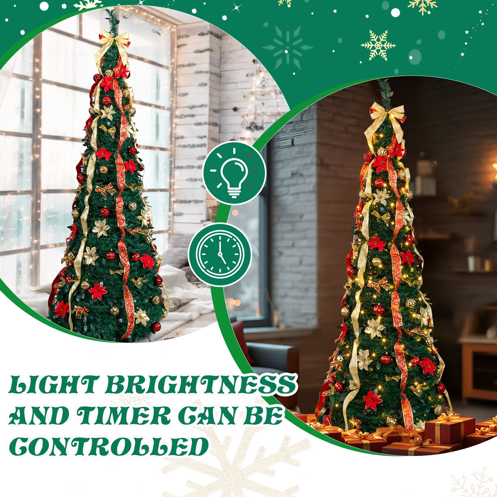 7 FT Fully Decorated Pre-lit Christmas Tree, Pop Up Artificial Xmas Tree with 200 Warm Lights Remote Control and Red & Golden Ornaments for Home Office Store Holiday Decor