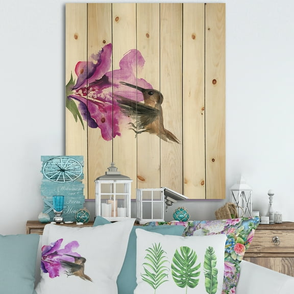 Designart 'Purple Fuchia VIntage Flower' Traditional Print on Natural Pine Wood