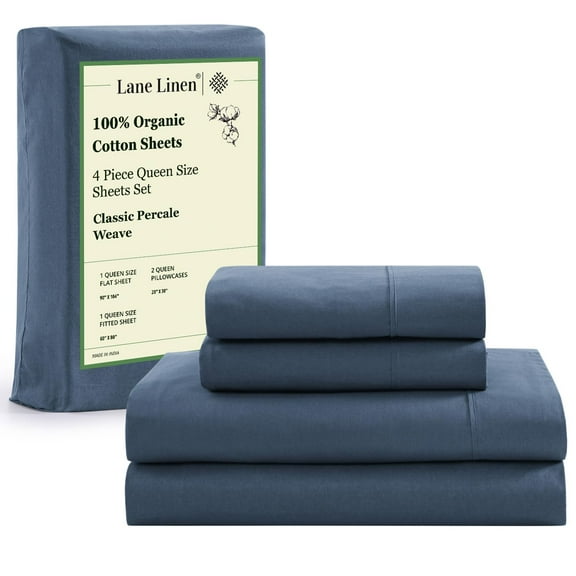 100% Organic Cotton Queen Sheets Set, Naturally Cooling Percale Weave Bedding, Eco Friendly Luxury 4-Piece Sheets with Pillowcases, Navy