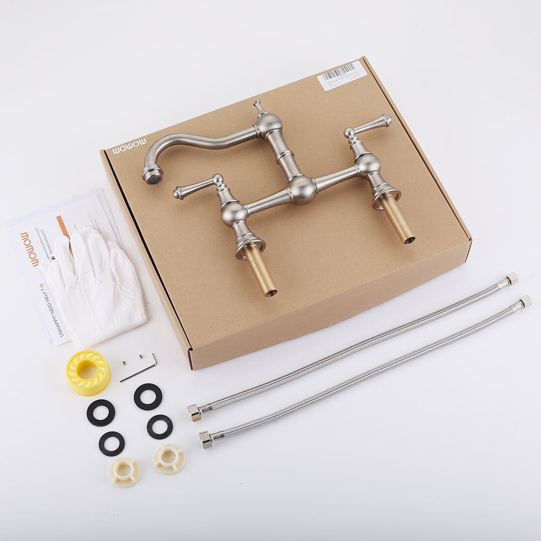 Wowow 8 inch Centerset Bridge Kitchen Faucet, 2-Hole 2-Handle Deck-Mount Faucets,Brushed Nickel