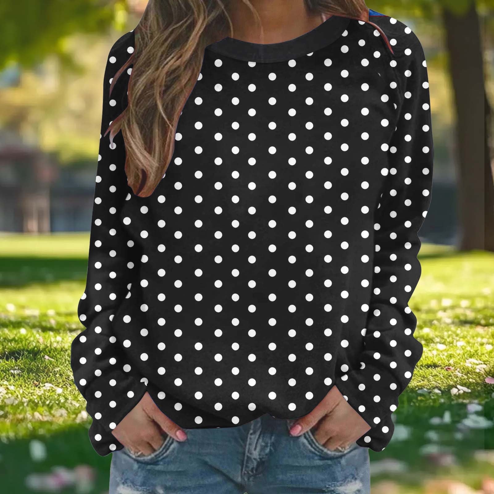 VEKDONE Women’s Polka Dot Print Sweatshirt Long Sleeve Crewneck Casual Pullover Tops Loose Fit Lightweight Basic Sweatshirts