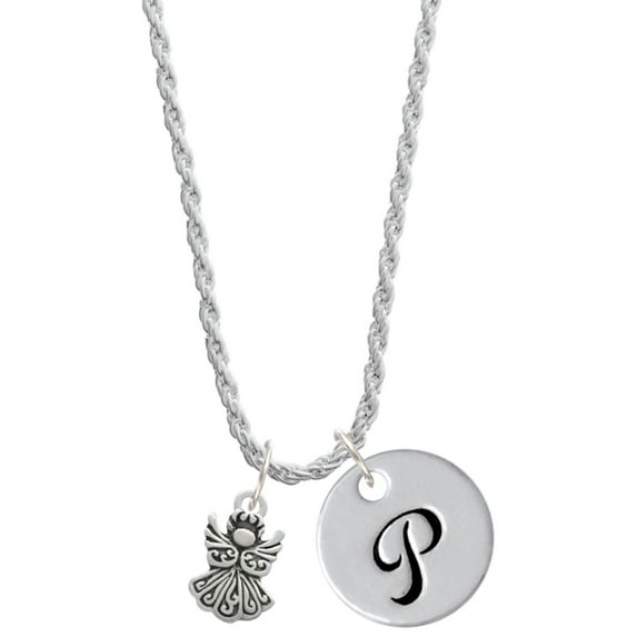 Delight Jewelry Silvertone Small Angel Silvertone Script Initial Disc - P - Charm Necklace, 20"+3"