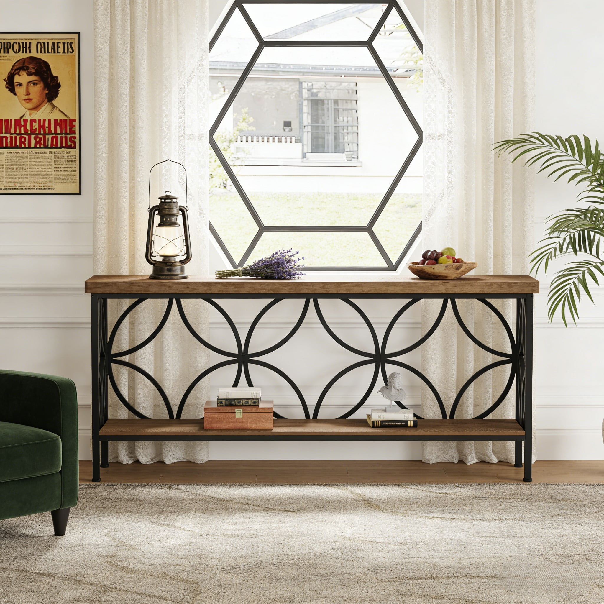 Fnova 70.9" Industrial Console Table, 2-Tier Wood Storage Narrow Sofa Table, Behind Couch with Metal Frame, for Living Room, Entryway, Foyer, Easy Assembly
