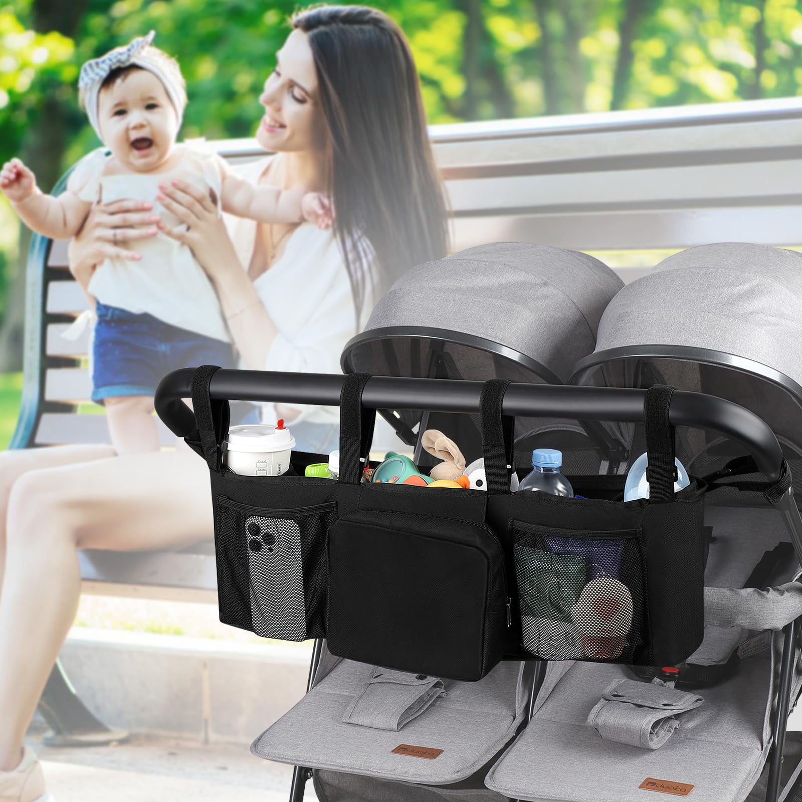 Double Stroller Organizer Double Baby Stroller Accessories with Pockets, Parent Console Double Jogging Stroller Organizer(Empty Bag)