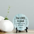 thumbnail image 2 of Round The Lord Is Good, A Refuge In Times Of Trouble. Nahum 1:7 Blue Wood Color Circle Table Sign (5x5"), 2 of 4