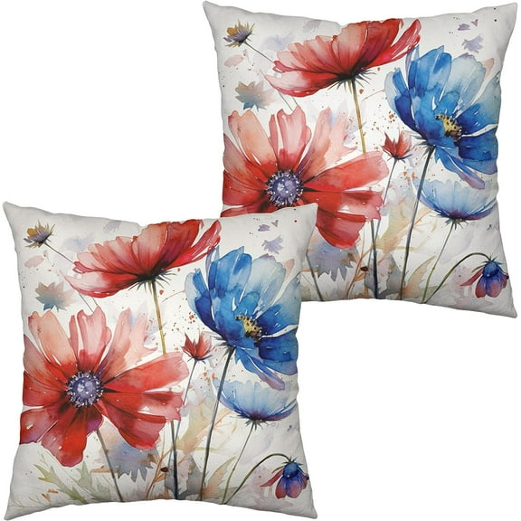 Watercolor Flower Outdoor Throw Pillow Covers 18x18 Set of 2 Red Blue Floral Pillow Covers Daisy Linen Square Farmhouse Pillowcase for Home Decor Couch Patio