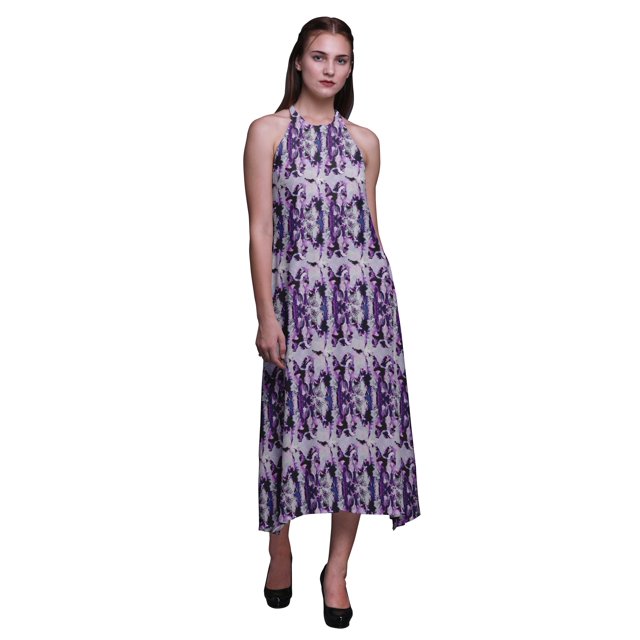 Bimba Robe Teinture sur Nœuds Décontractée Longue Dos Nu à Col Licou pour Femme Robe de Plage Imprimée - Petit