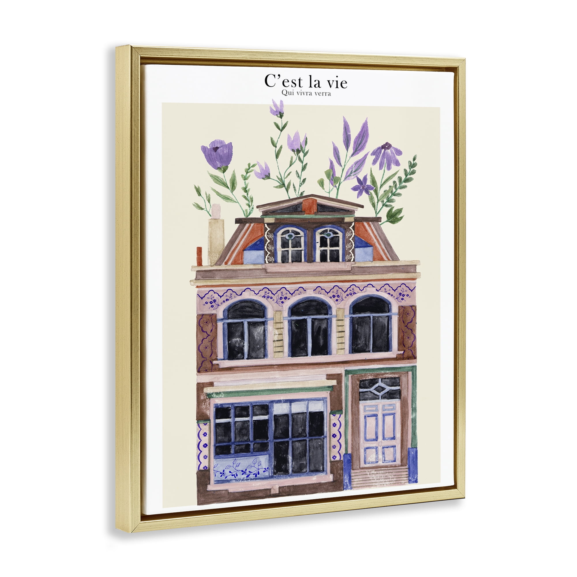 Stupell Industries Town Architecture with Blooms Buildings & Architecture Painting Gold Floater Framed Canvas Art Print Wall Art, 17 x 21