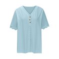 thumbnail image 4 of Women's Blouses Top Summer Short Sleeved T-shirts Solid Color Lace V-neck Button Shirts Casual Loose Pullover Hollow Breathable Tunic Tops 01#Light Blue XL, 4 of 6