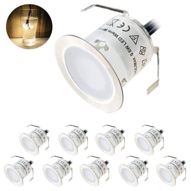 Juego de 10 focos LED empotrables para exterior, IP67, impermeables, luz blanca cálida de 3000 K, 32 mm, 0,6 W, 12 V CC, para caminos, terrazas, piscinas y escaleras.