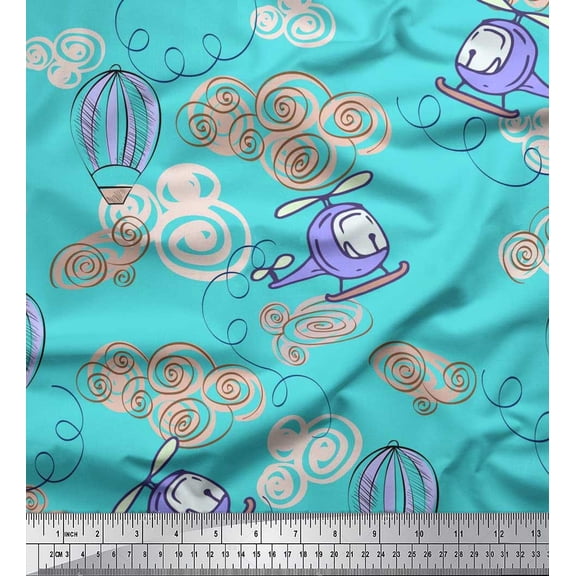 Soimoi Silk Fabric Clouds,Hot Air Balloon & Helicopter Transport Print Fabric by Yard 42 Inch Wide