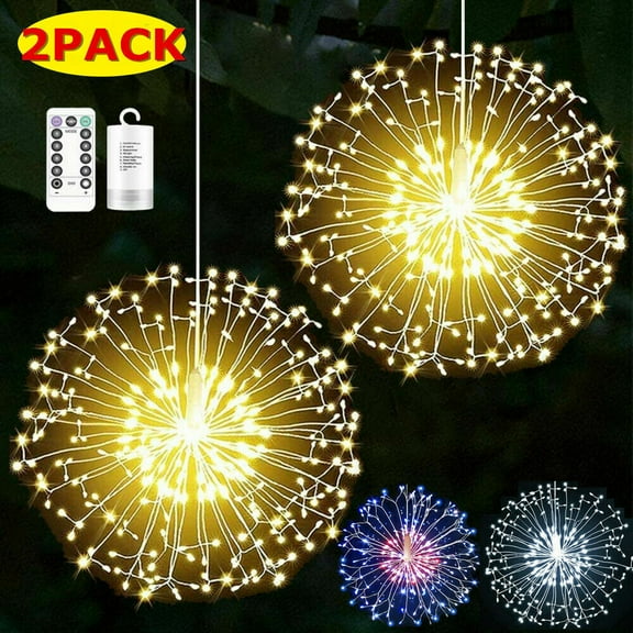 2Pack 180 LEDs String Firework Lights Hanging Starburst Fairy Lights Waterproof with 8 Modes Remote Control Battery Powered For Wedding Christmas Party Decor, Warm White