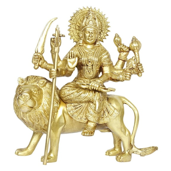 Brass World Brass Maa Durga Idol Sitting On Lion Gold Color Height 9 Inch