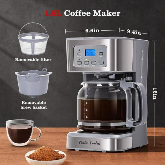 12-Cup Programmable Coffee Maker, Regular & Strong Brew Drip Coffee Machine for Home and Office, Glass Carafe, Pause & Serve, Auto Shut Off, Gray & Stainless Steel