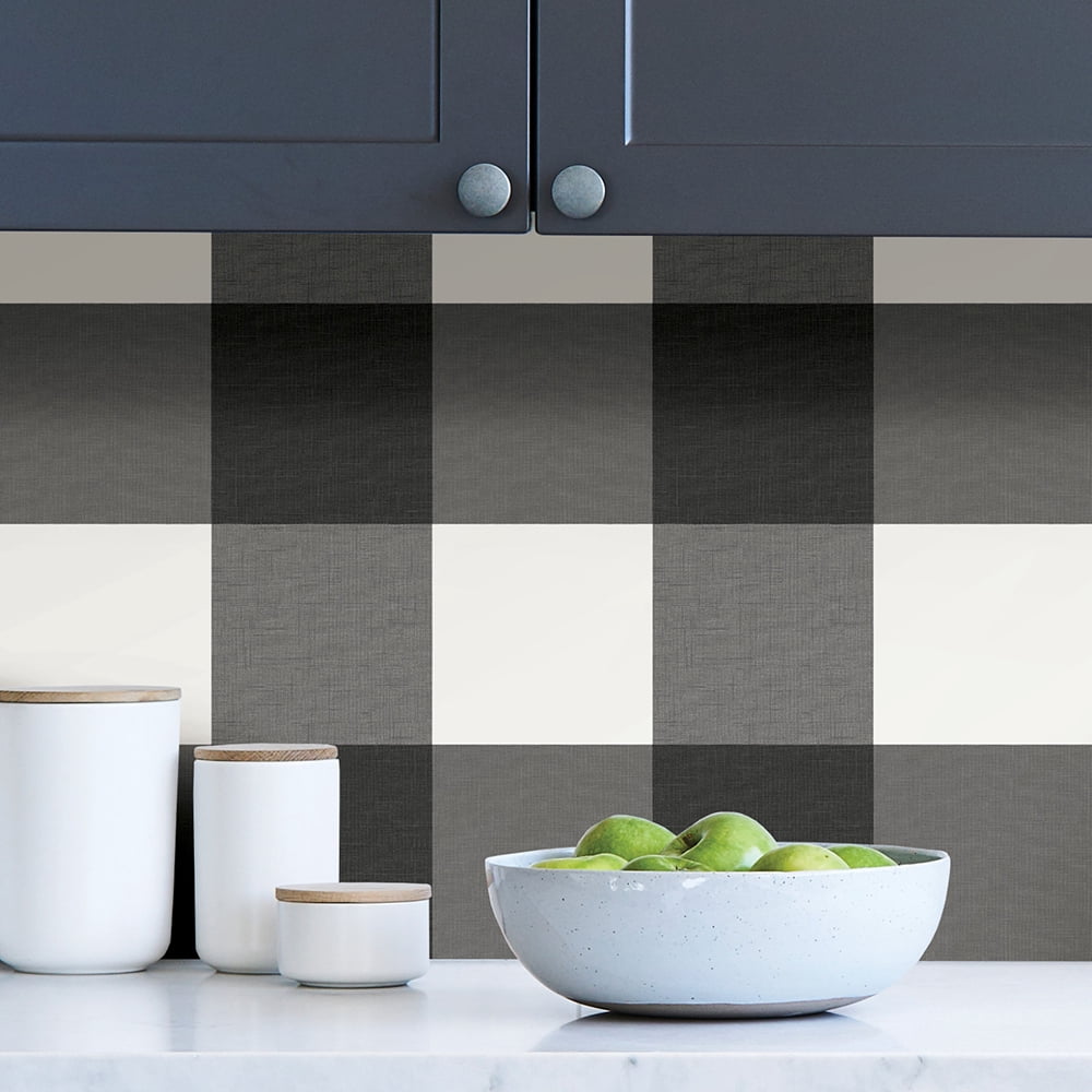 NuWallpaper Charcoal Farmhouse Plaid Vinyl Peel And Stick Wallpaper, 216-in by 20.5-in, 30.75 sq. ft.