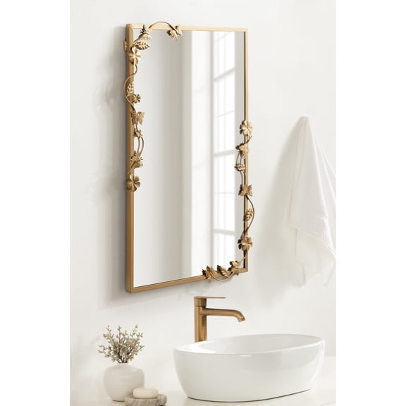 Kate and Laurel Rosella Modern Ornate Rectangle Wall Mirror, 20 x 30, Gold, Decorative Rectangular Mirror with Floral Detailing for Use as Bathroom Mirror for Over Sink or Cute Kids Room Decor