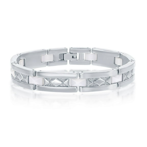 iJewelry2 Stainless Steel Diamond-Shaped and White Ceramic Design Links Bracelet