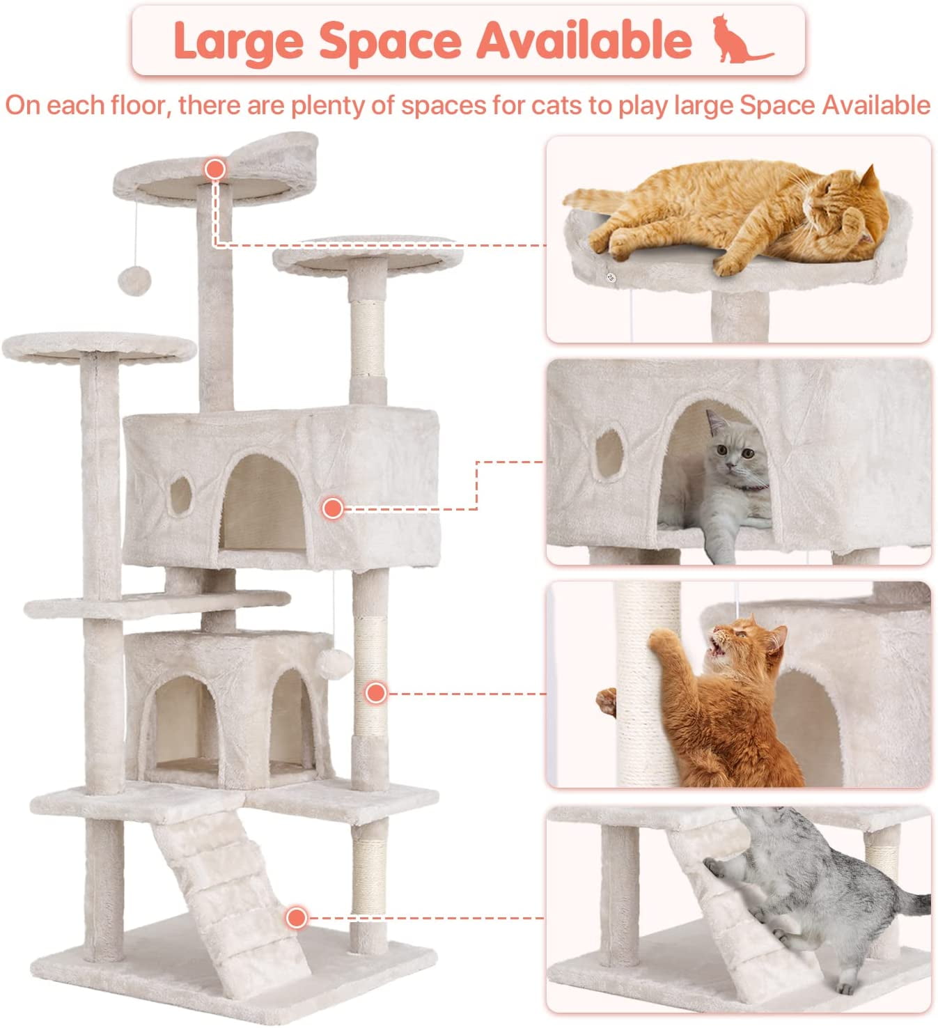 NiamVelo 54-in Double Condo Cat Tree Tower Playhouse with Scratching Post & Perch for Indoor, Beige
