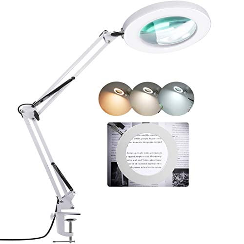 Crafts LED Lighted Magnifier for Repair 5-Diopter Real Glass Magnifying Desk Lamp & Clamp Close Works Reading 3 Color Modes Stepless Dimmable LANCOSC 2-in-1 Magnifying Glass with Light and Stand 
