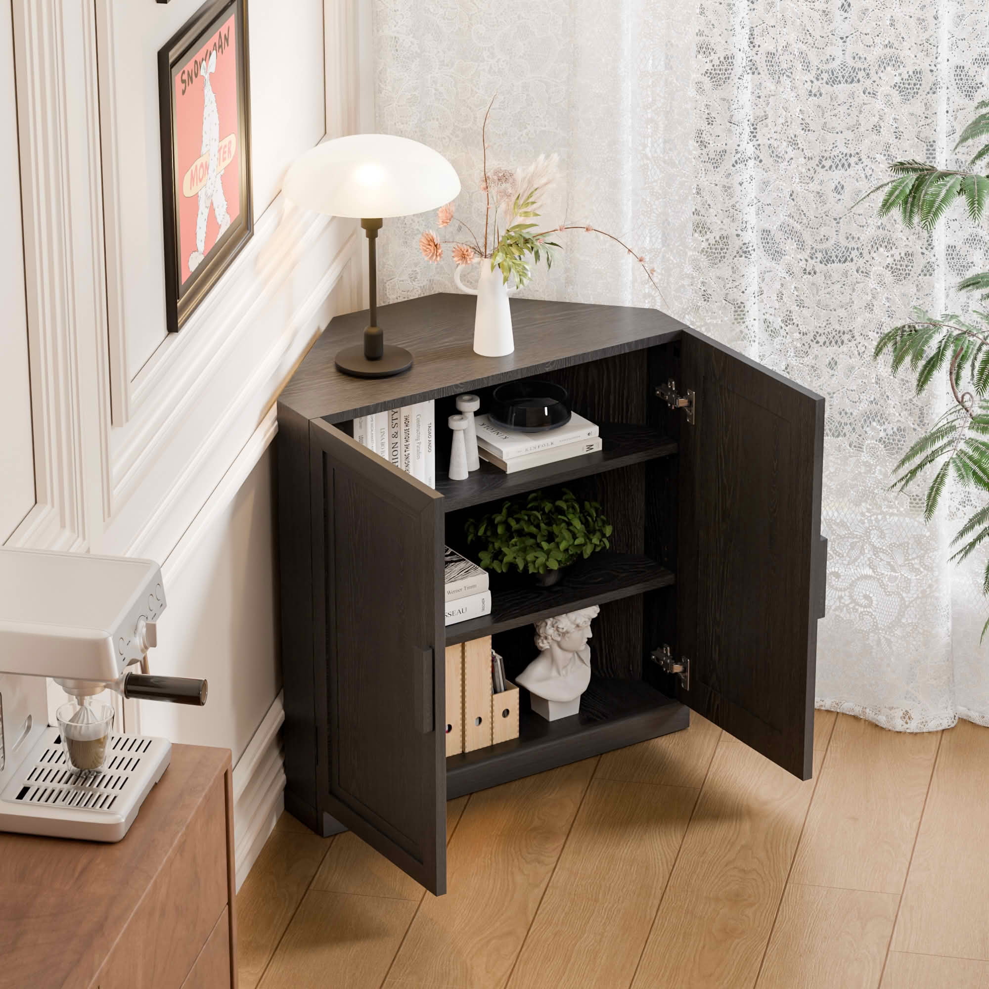 MAYEERTY 31x31x16 Inch Black 2-Door Corner Storage Cabinet with Solid Wood Door