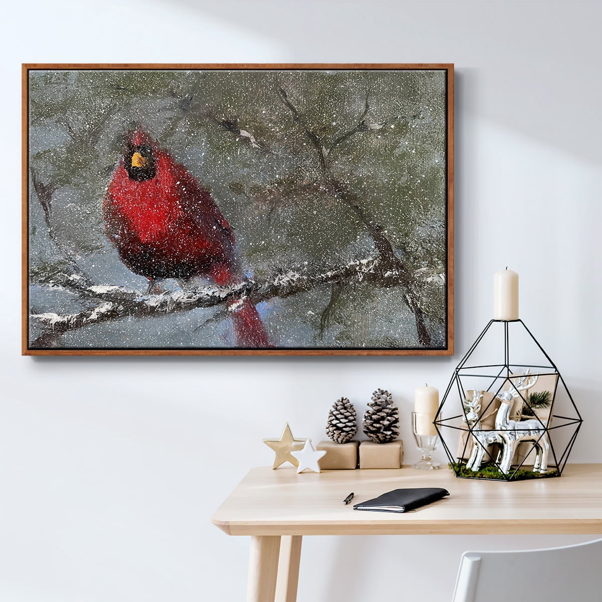 Cardinal in Snow I - Framed Gallery Wrapped Holiday Canvas - 17 x 25 - Rosewood Frame