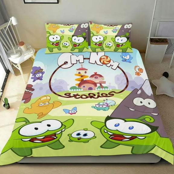 3 Piece Comforter Cover Set For Om Nom Stories Bedding Set Cute Duvet Cover Sets Super Soft Teens Bedding Set Kids Bedroom Gifts,1 Duvet Cover with 2 Pillowcases Twin