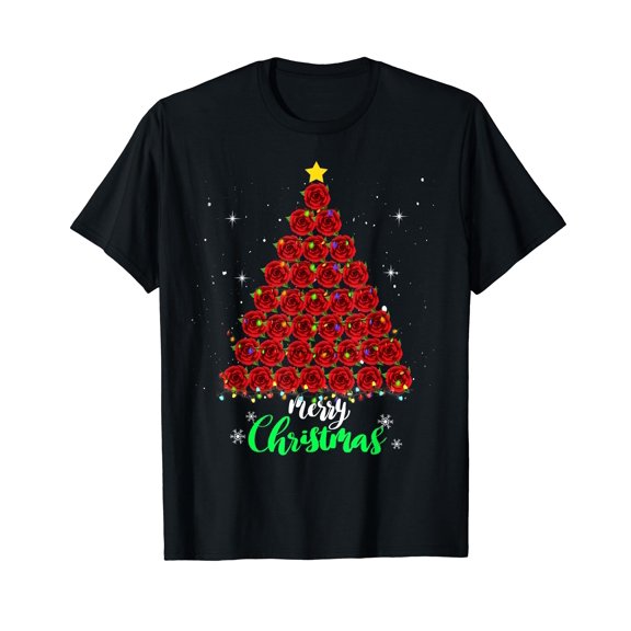 Merry Christmas Red Rose Flower Tree Plant Gifts Black T-Shirt
