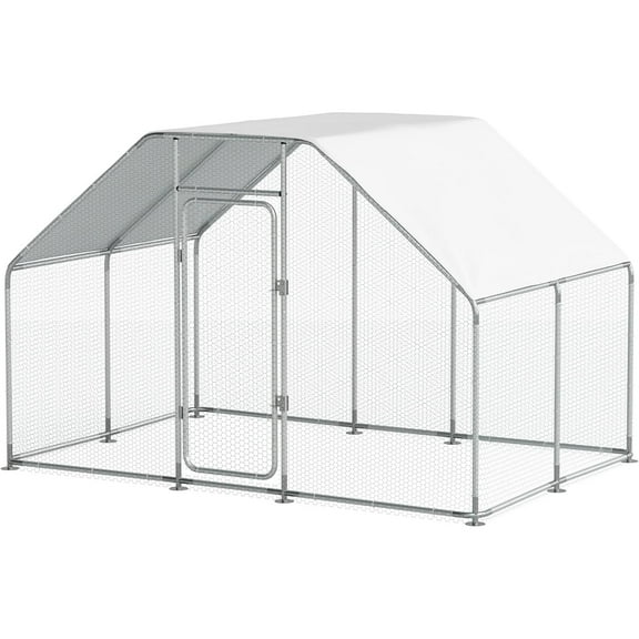 Walk-in Large Metal Chicken Coop with Roof and Run for 6-10 Chickens,Silver
