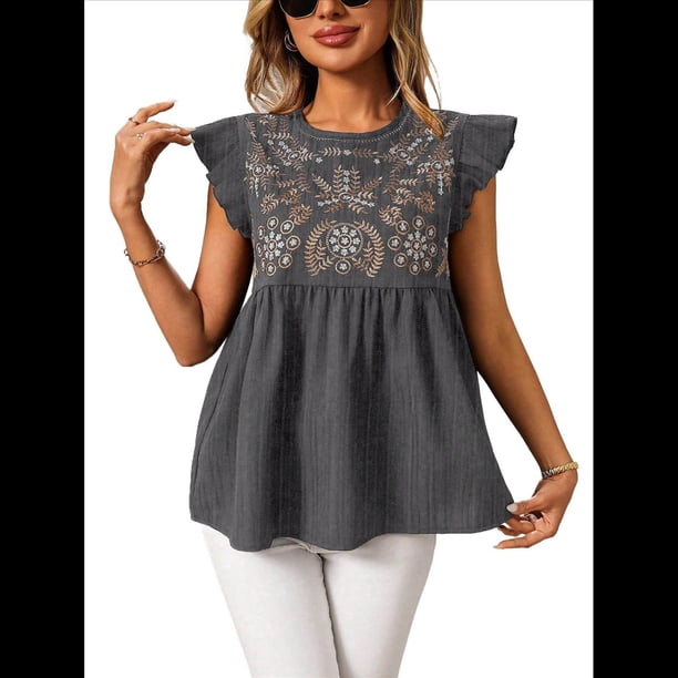 Blusas Peplum con Mangas con Volantes para Mujer, Elegantes, Informales, Bohemias, Estampadas, Holgadas. Gris L