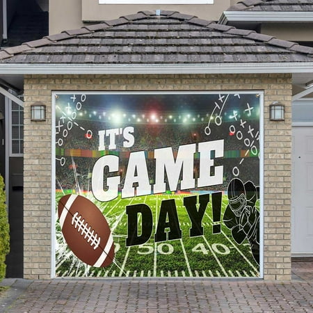 Football Themed Garage Door Cover Banner Decorations, Football Field Outdoor Single Car Garage Door Murals Buddy Decorations 8 X 7 Ft
