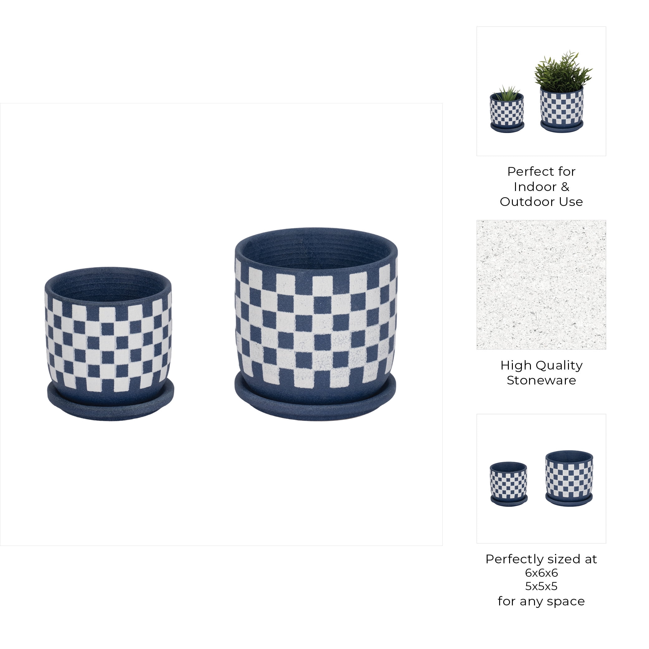 Round Checker Pattern Saucer Planters for Garden Decor - Ceramic Planter for Home and Living Room Decor - Sleek Flower Pots for Indoor and Outdoor Plants - Set of 2, 6", 5", Blue & White