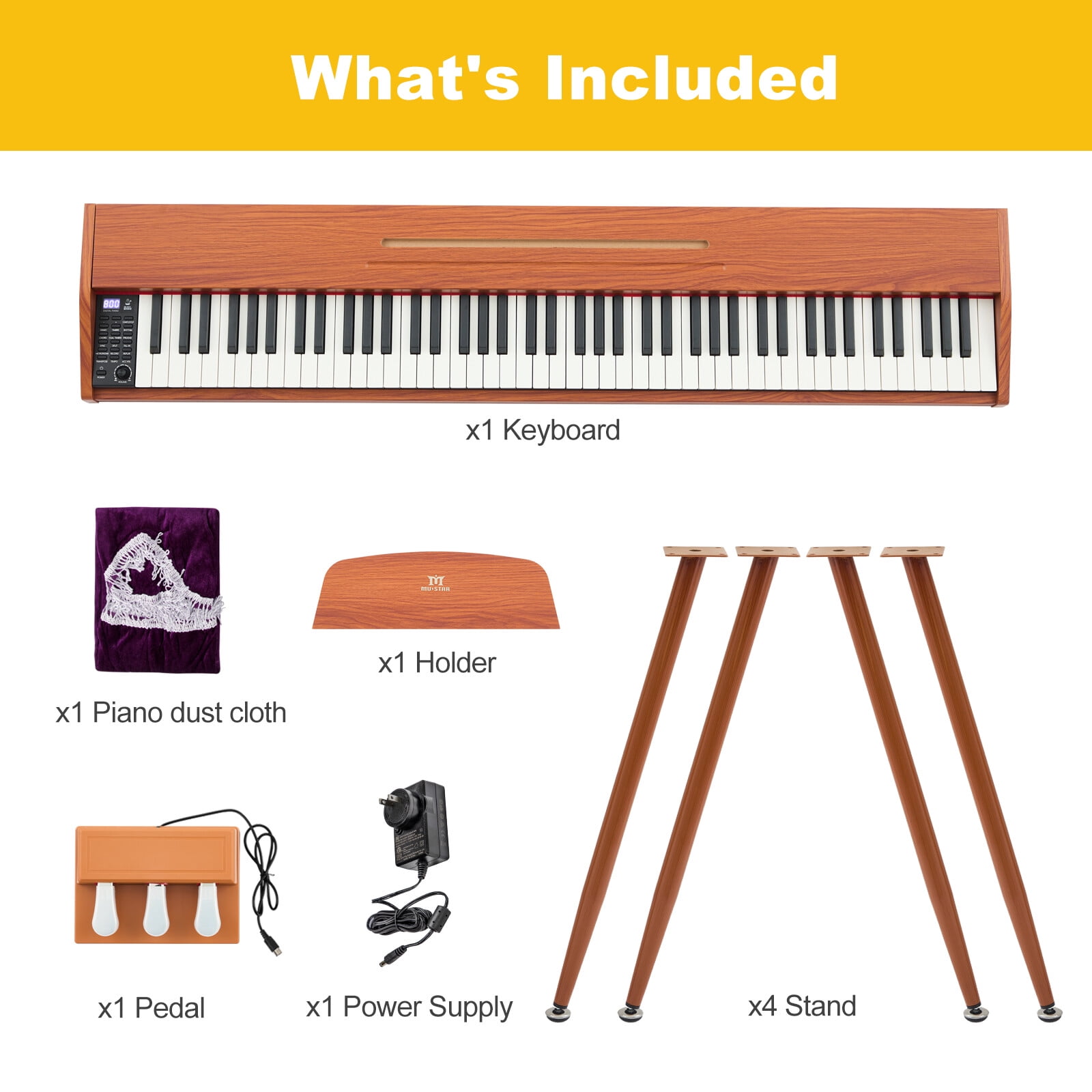MUSTAR 88 Key Piano Keyboard for Beginners, Portable Semi Weighted Electric Digital Piano with 3-Pedal Unit, Built-In Speakers, USB/MIDI Connecting (Brown)