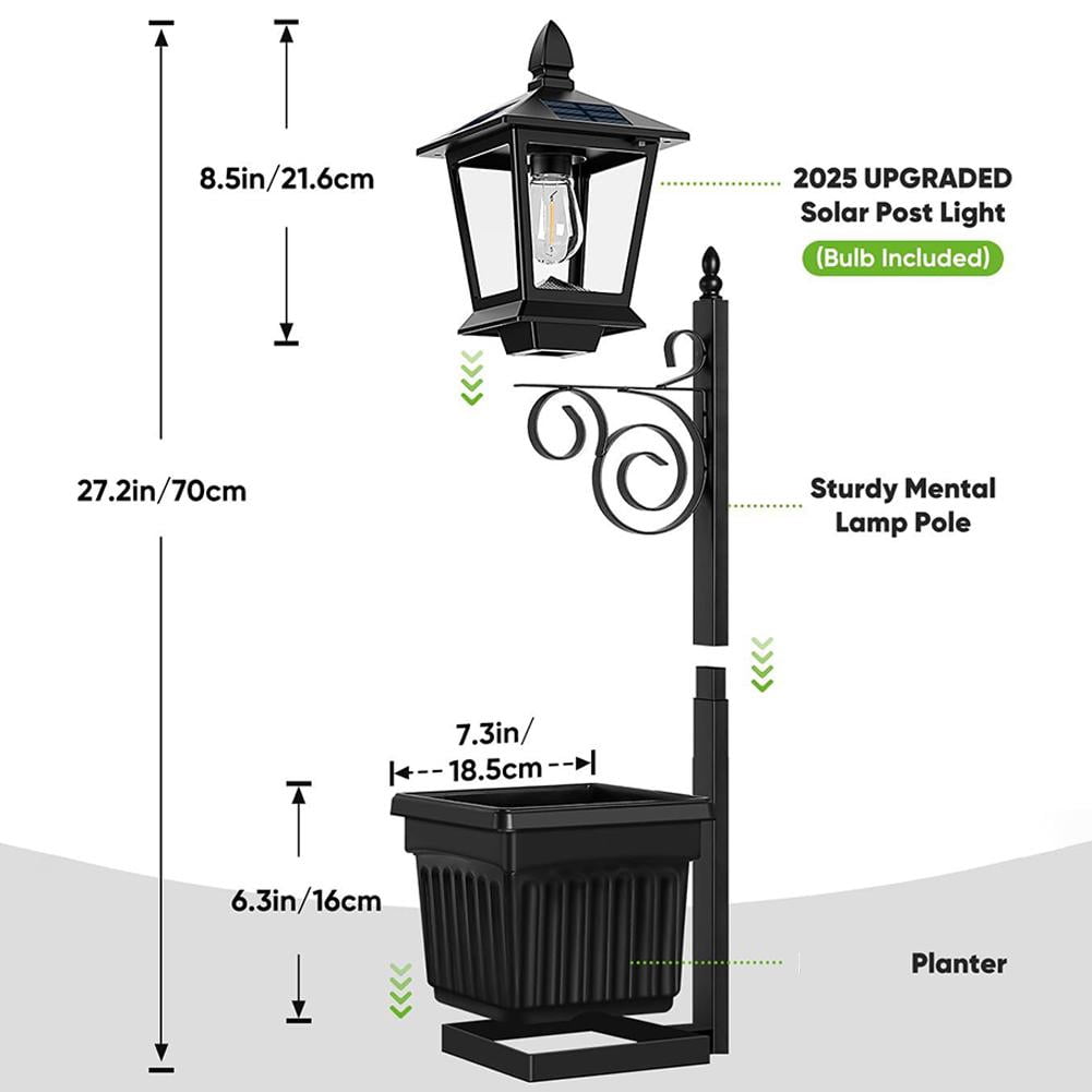 Solar Post Light with Planter, Outdoor Waterproof Garden Lamp with 4 Solar Panels, Auto On Off Lantern for Pathway Yard Patio Decor, 27.2 Inch
