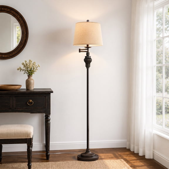 Oneach 61.5" Vintage Floor Lamp with Linen Shade, Floor Lamp for Living Room, Bedroom, Study Classic Rotary Switch Design Home Decor, Dark Brown