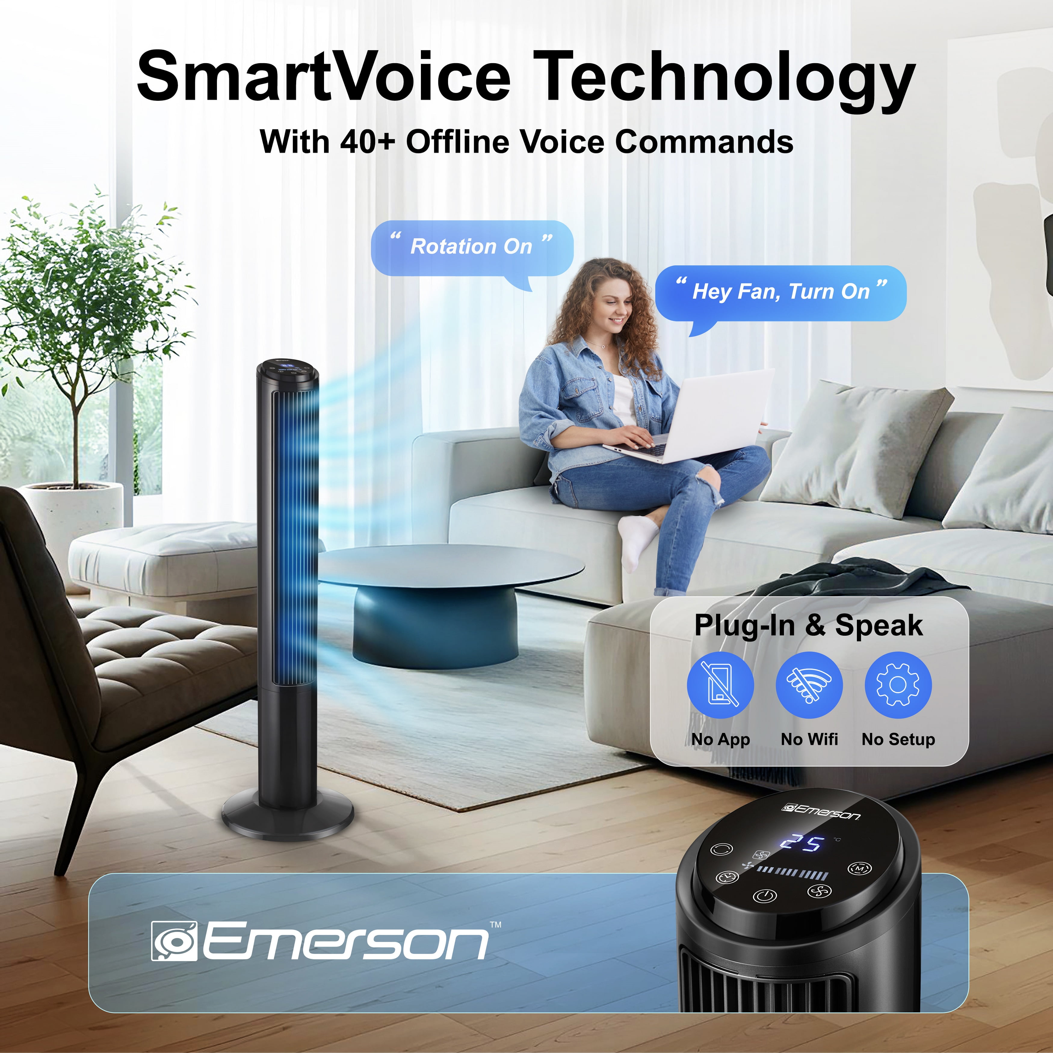 Emerson SmartVoice 40” Tower Fan – Offline Voice Control, Max Privacy, No App and Wifi