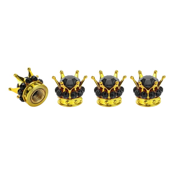 Tire Valve Stem Caps 12.8x15.8MM Car Wheel Valve Cap ABS Gold Tone Black Faux Crystal Crown Style 4pcs