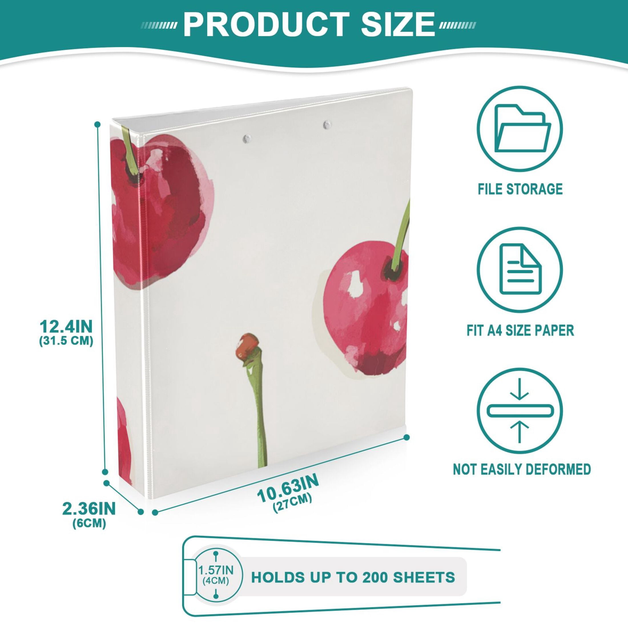 Cute Cherrys 3 Ring Binders 1.5 inch Hardcover File Folders with Interior Pockets A4 Size Organizer for School Office Hospital