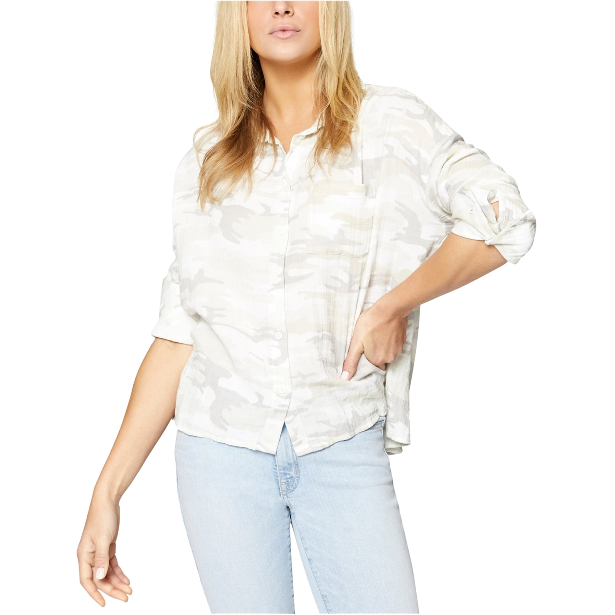 Sanctuary Sanctuary Clothing Womens White Camo Button Up Shirt, Beige