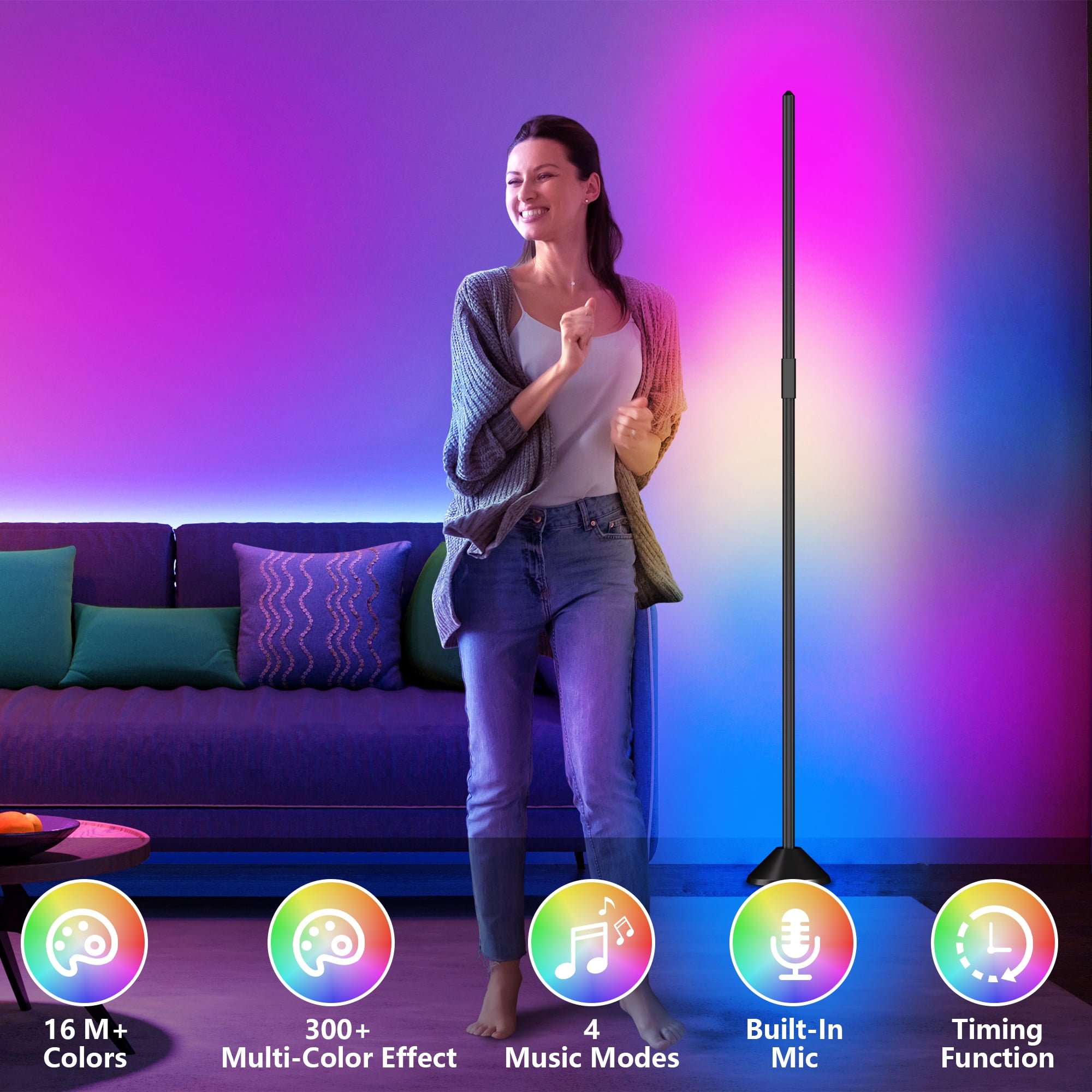 DAYBETTER LED Corner Floor Lamp, Smart WiFi Control, 16 Million Colors, Music Sync, Adjustable Brightness, Iron Base, Triangular Design