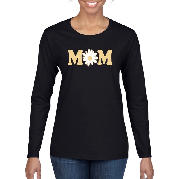 Wild Bobby, Mom Daisy Mother's Day Womens Graphic Long Sleeve Tee, Black, Small