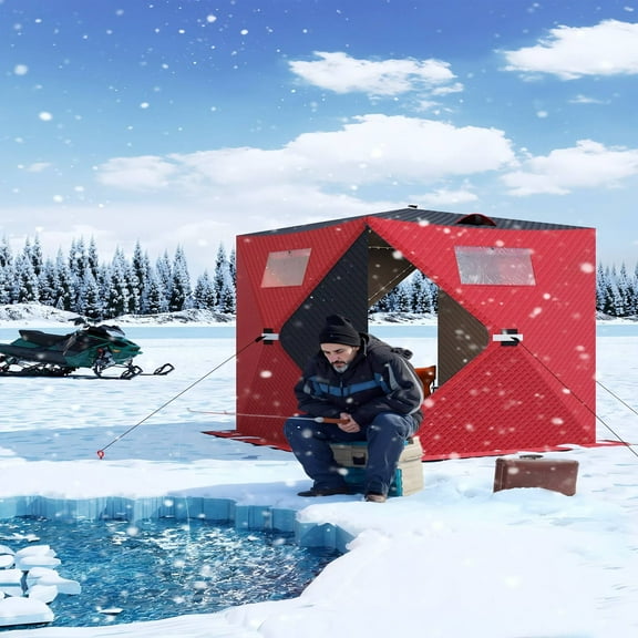 Garvee Pop-Up Ice Fishing Tent, Hub-Style 3-Layer Insulated Shelter w/ Carry Bag, Zipper Door, Ropes & Anchors, 60*60*76.2", Red Black