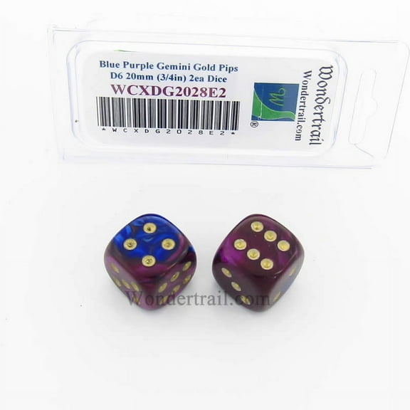 Blue and Purple Gemini Dice with Gold Pips 20mm (3/4in) D6 Pack of 2 Wondertrail