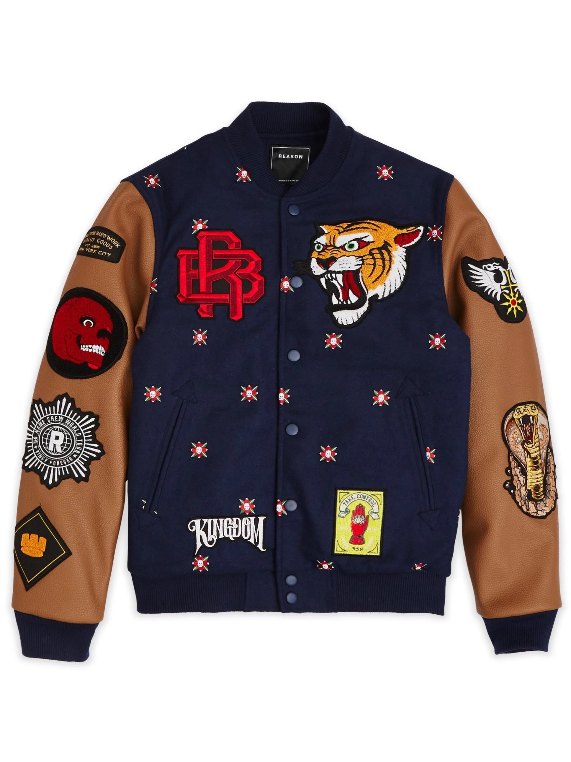 Mens Embroidered Varsity Jacket with Faux Leather Sleeves and Chenille  Embroidered Patches