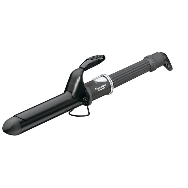 rizador babylisspro de porcelana y cerámica spring 30 heat set babylisspro con cable Negro 32 mm, vista 3/4 del barril cilíndrico con pinza de resorte y mango estriado, tubo de porcelana/cerámica brillante con anillo indicador y cable giratorio; diseñado para crear rizos y ondas sueltas con volumen, a menudo usado para retocar mechones en sesiones de peinado profesional.