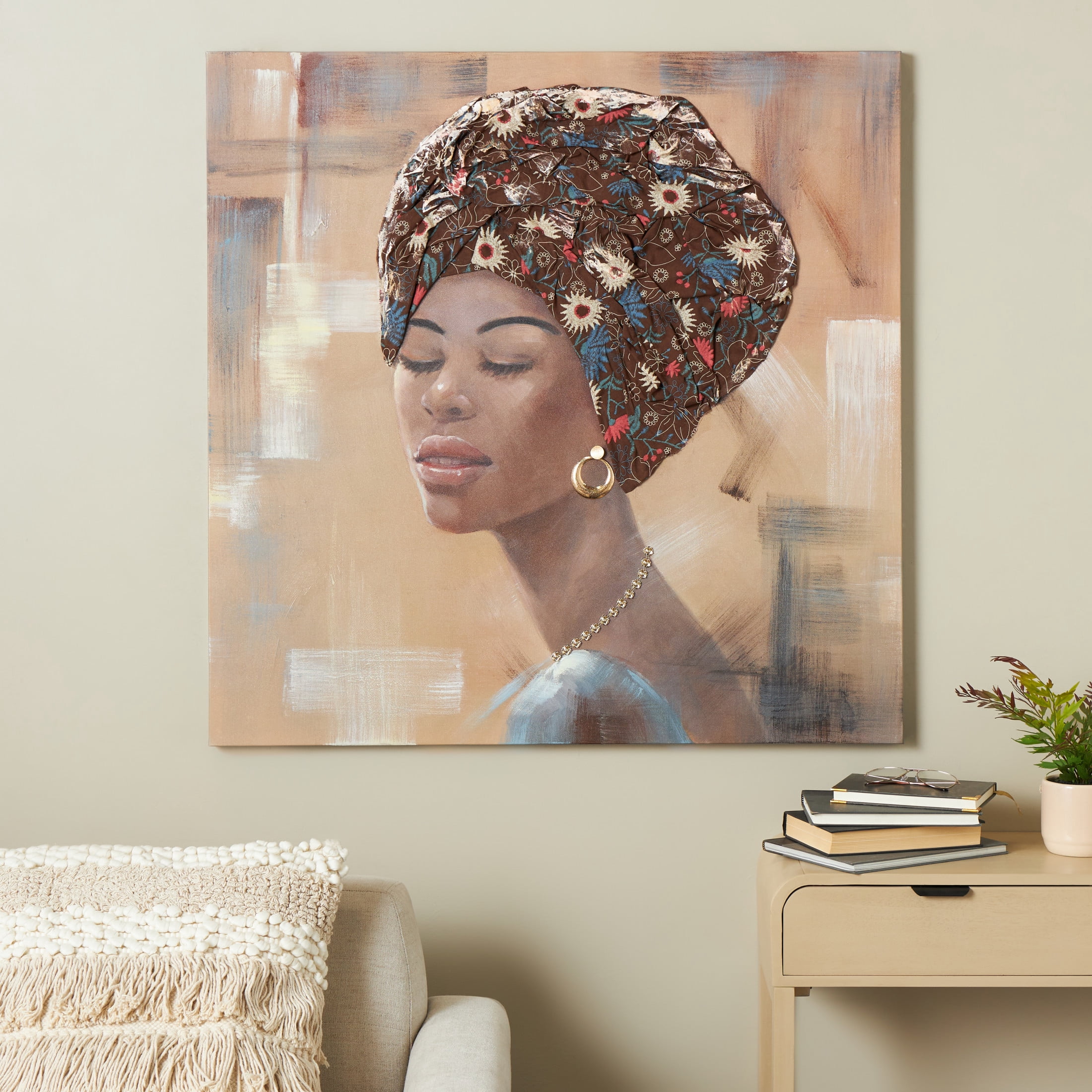 40" x 40" Unframed Woman Wall Art with 3D Fabric Headwear And Gold Jewels, by DecMode
